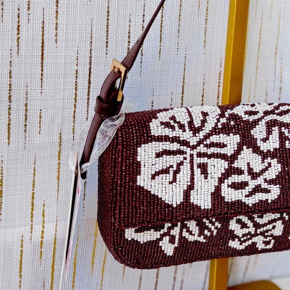 Handmade Beaded Y2K Shoulder Bag – Floral Brown & White – NWT - Picture 4 of 11